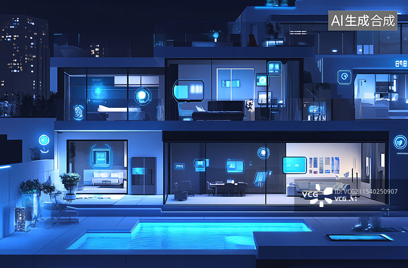 【AI数字艺术】夜晚的未来感别墅，闪烁的全息影像，配备先进的智能家居技术和物联网整合，打造创新且互联的生活体验。图片素材