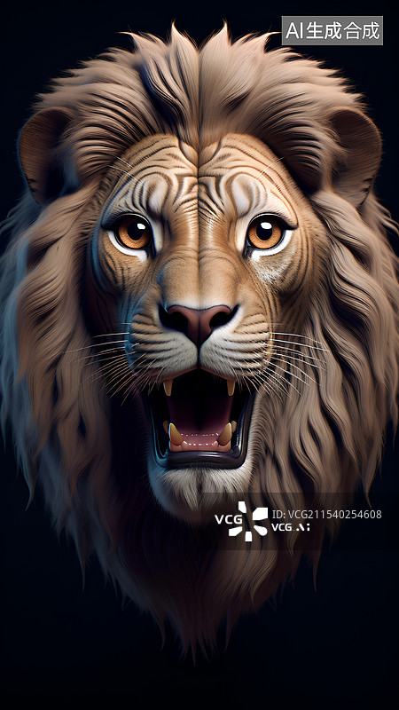 【AI数字艺术】动物主题插画 黑色背景下张大嘴的狮子图片素材