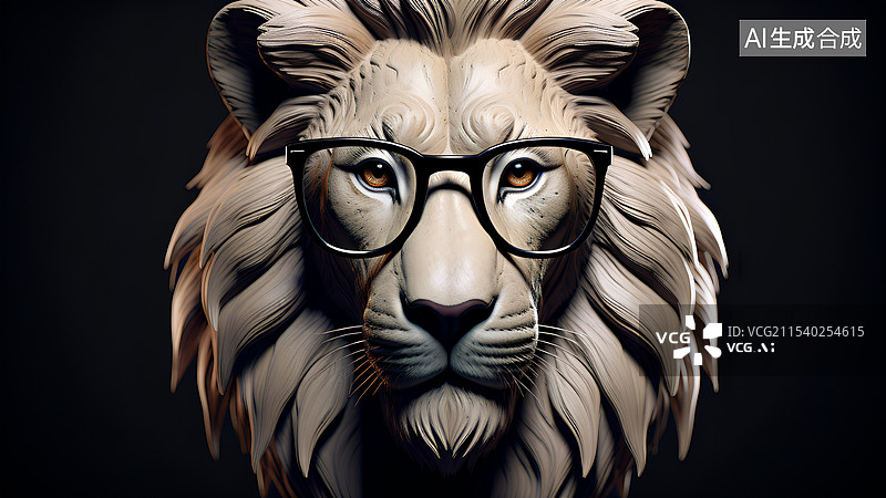 【AI数字艺术】动物主题插画 黑色背景下带着眼镜的狮子图片素材