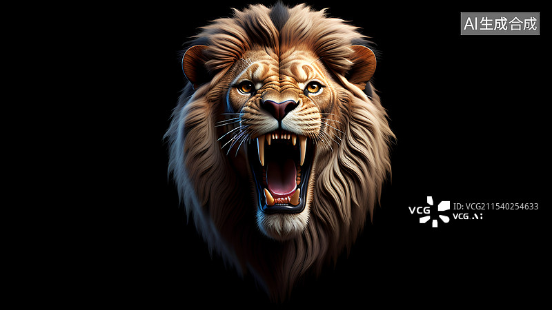 【AI数字艺术】动物主题插画 黑色背景下张大嘴的狮子图片素材