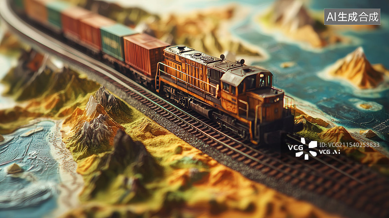 【AI数字艺术】模型火车行驶在缩小的景观轨道上图片素材