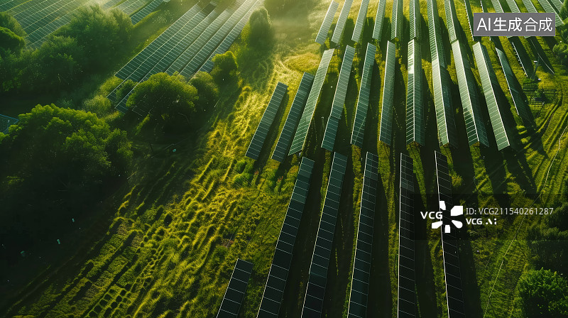【AI数字艺术】绿色田野中的太阳能发电场图片素材
