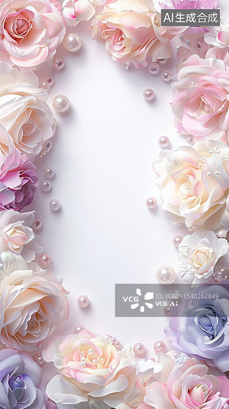 【AI数字艺术】粉色玫瑰和珍珠围绕的唯美背景图片素材
