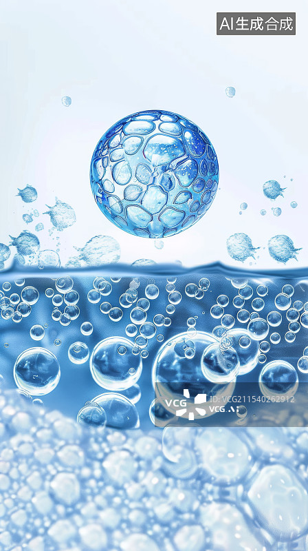 【AI数字艺术】水珠与蓝色泡沫的清新背景图片素材