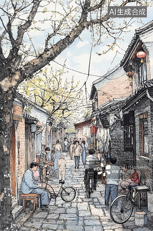 【AI数字艺术】插画老北京胡同怀旧场景图片素材