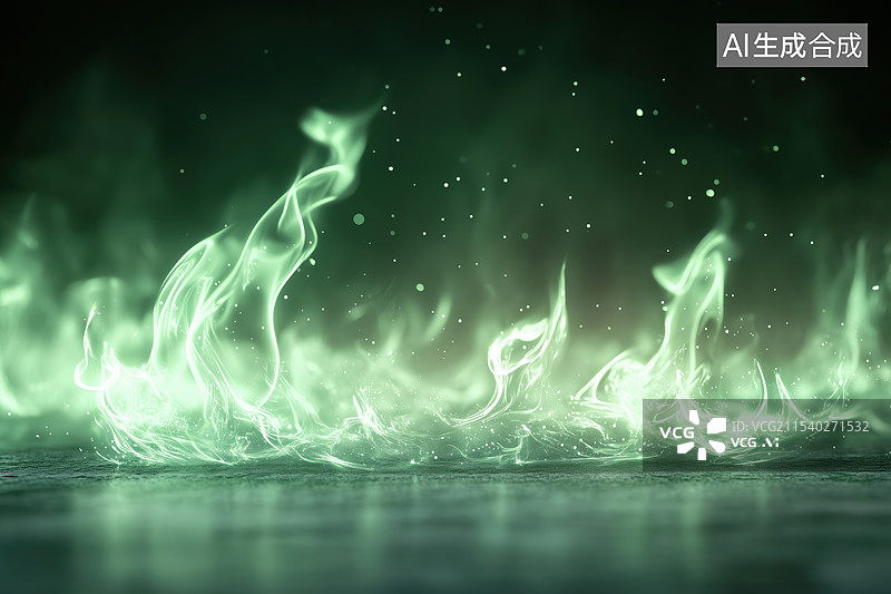 【AI数字艺术】抽象艺术舞台虚幻缥缈的绿色灯光火焰3D背景插画图片素材