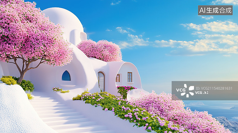 【AI数字艺术】鲜花盛开的地中海小镇图片素材