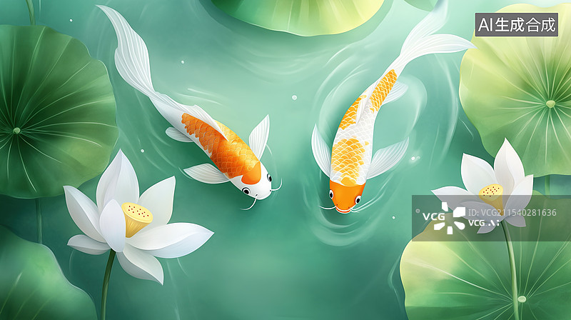 【AI数字艺术】红白鲤鱼与莲花图片素材