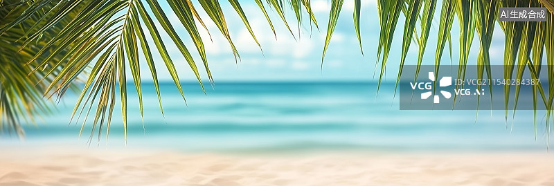 【AI数字艺术】美丽的海滩，椰子叶和海滨风光，展现出令人惊叹的自然细节和完美的构图，展示海岸宁静的氛围。图片素材