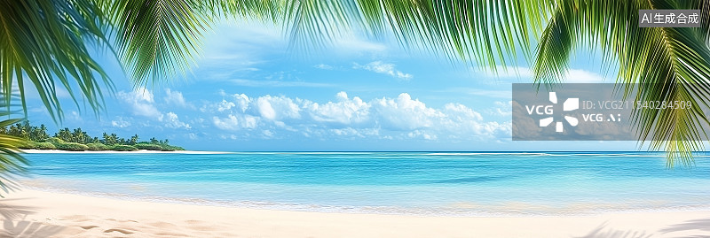 【AI数字艺术】美丽的海滩，椰子叶和海滨风光，展现出令人惊叹的自然细节和完美的构图，展示海岸宁静的氛围。图片素材