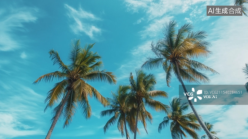 【AI数字艺术】美丽的海滩，椰子叶和海滨风光，展现出令人惊叹的自然细节和完美的构图，展示海岸宁静的氛围。图片素材