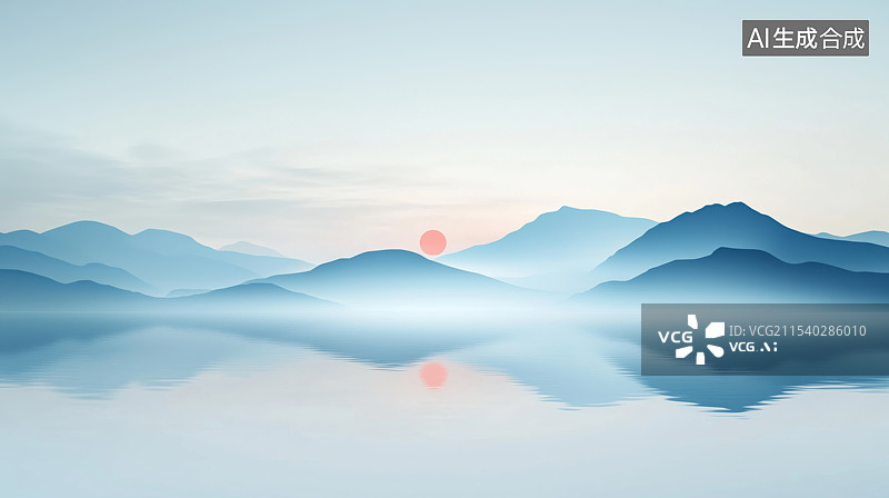 【AI数字艺术】户外湖水蓝色高山天空风景插画图片素材