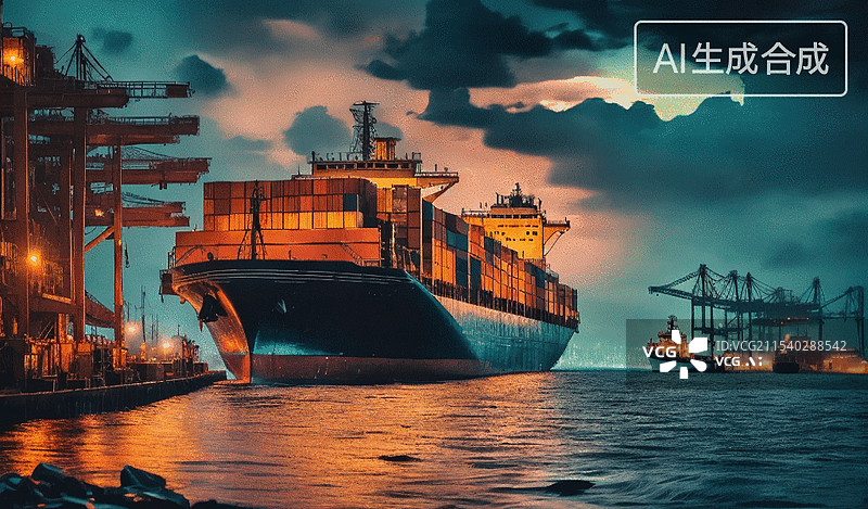 【AI数字艺术】黄昏港口货船图片素材
