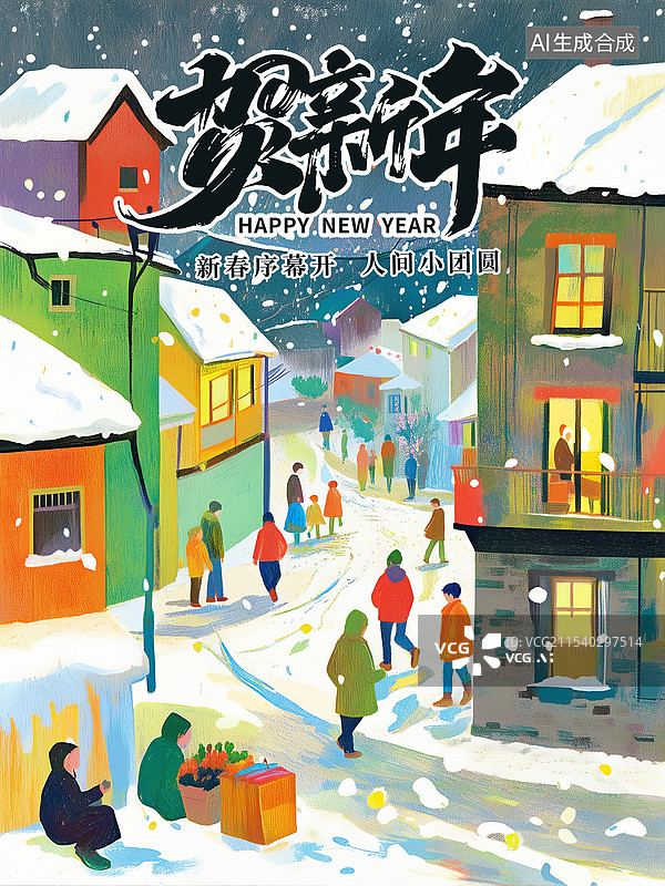 【AI数字艺术】大雪背景下小镇居民过春节，节日插画海报模版，大雪覆盖下的房屋和新年热闹氛围，新年的村庄 竖版图片素材