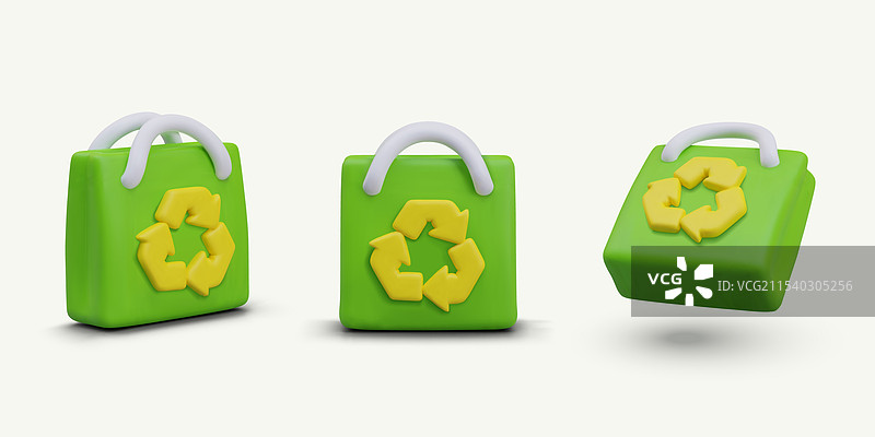 绿色3D卡通风格购物袋套装图片素材