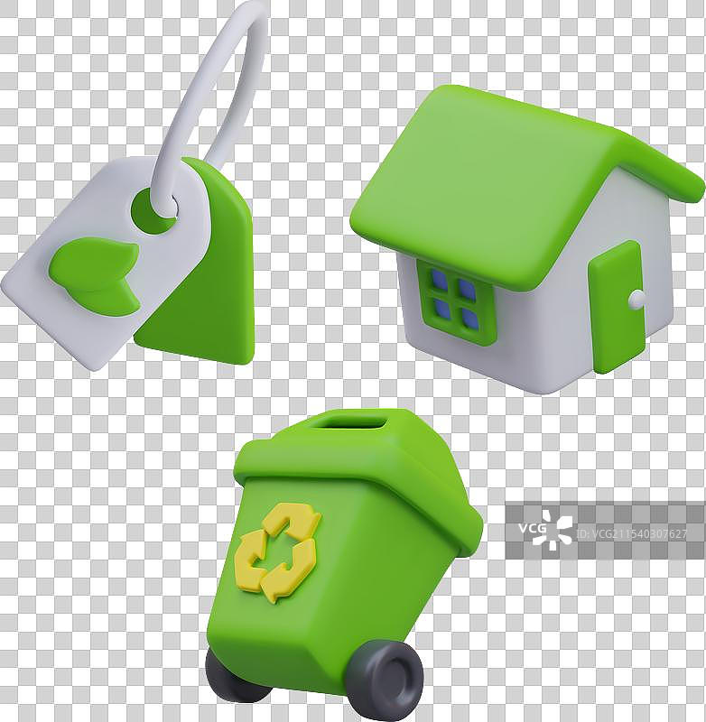 带有绿色叶子的房屋，配有生态屋顶和垃圾图片素材