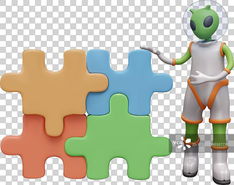 穿着宇航服的外星人站在彩色拼图旁边图片素材