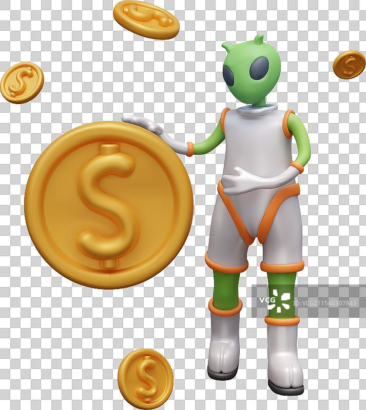 外星人触摸巨大的金币，空间利润3D效果图片素材