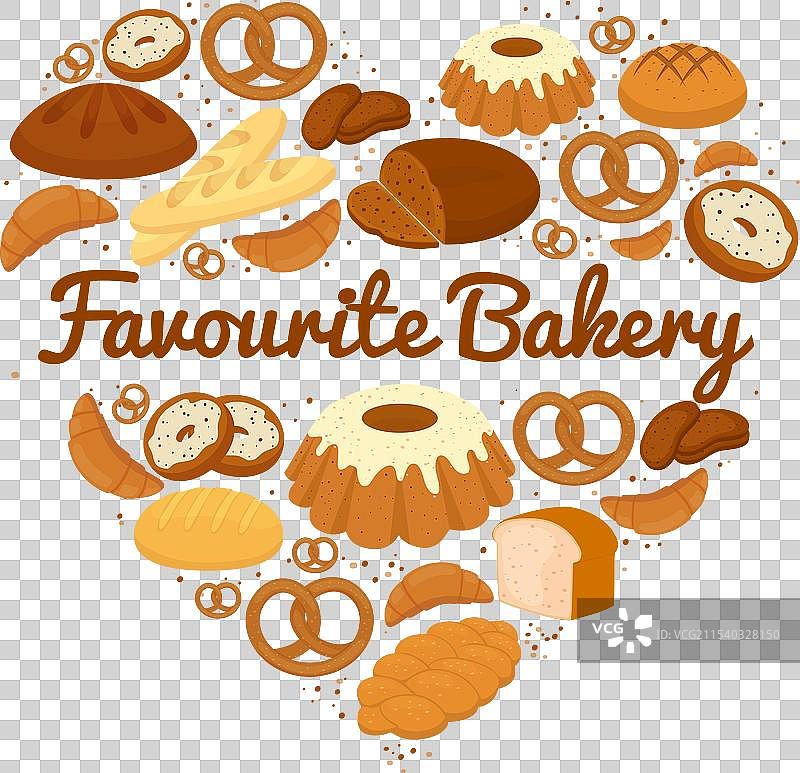 心形蛋糕、甜点和面包徽章图片素材