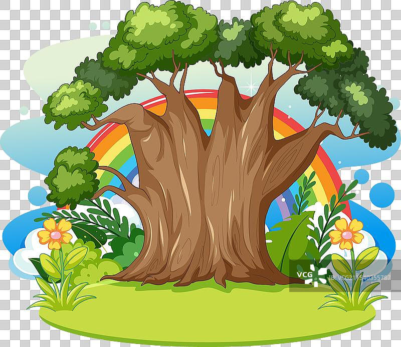 五彩斑斓的树木与彩虹和花朵图片素材