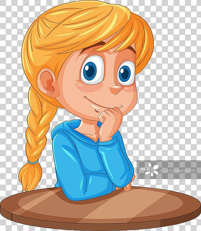 穿着蓝色毛衣的沉思女孩卡通形象图片素材