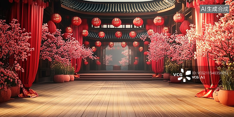 【AI数字艺术】三维渲染红色的中国传统古建筑大门产品展台图片素材