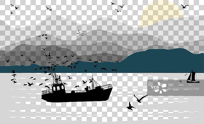 日出时分的渔船与山丘的风景图片素材