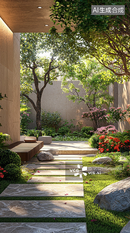 【AI数字艺术】庭院中的春日樱花景色图片素材