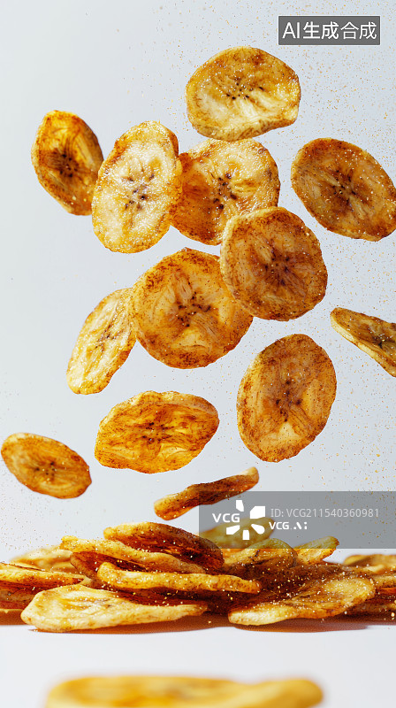 【AI数字艺术】漂浮的香蕉片干果静物图图片素材