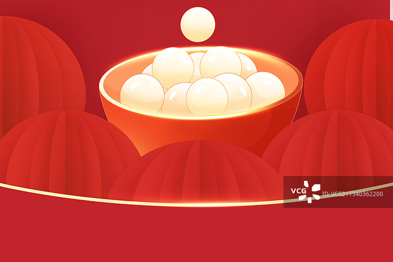 2025年蛇年 中国元宵节祝福贺卡 红色灯笼背景 一碗白色汤圆 横版图片素材