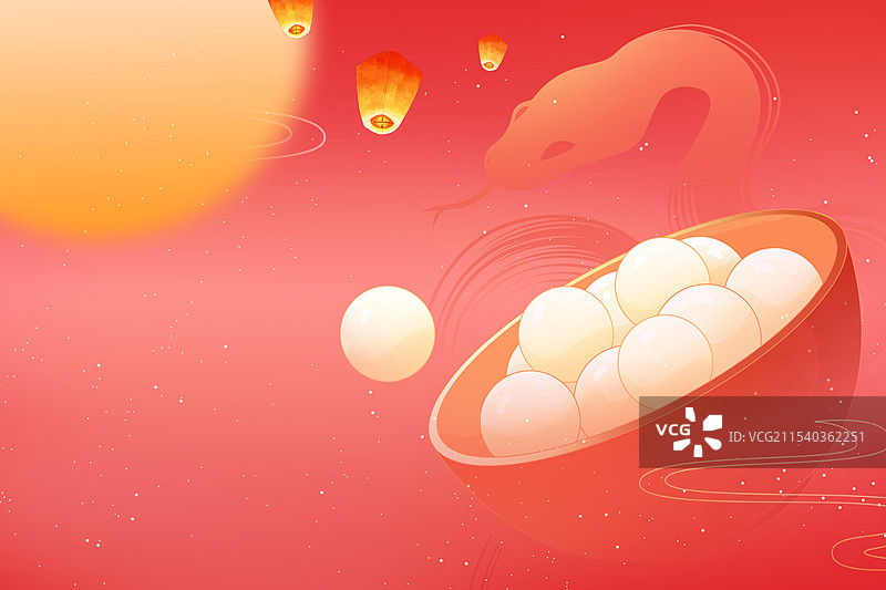 2025蛇年 弥散风节日插画-元宵节 冬季习俗之吃汤圆 汤圆里的蛇年 横版图片素材