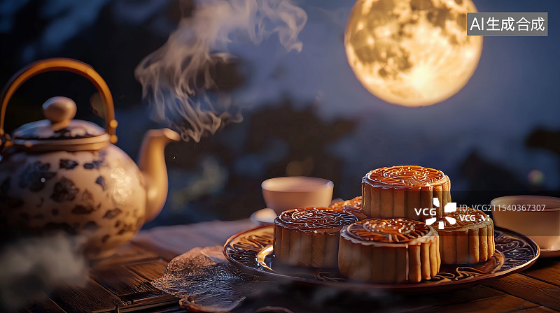 【AI数字艺术】中秋月饼茶具温馨夜景图片素材