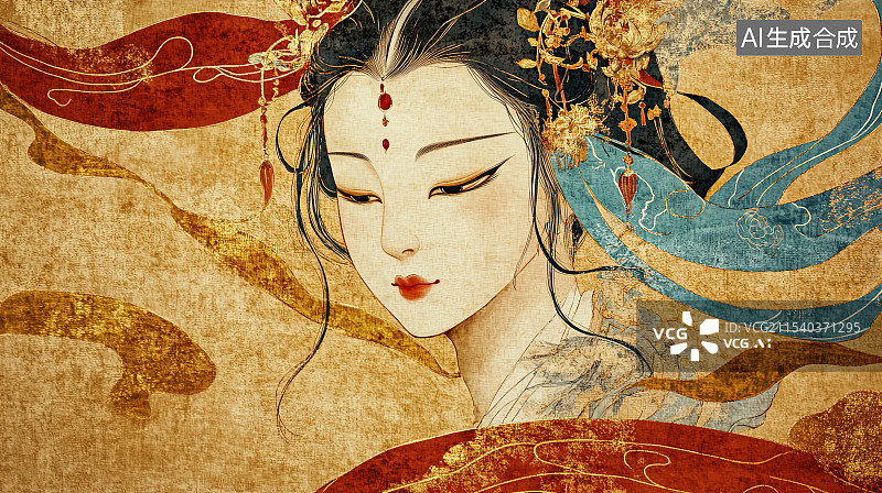 【AI数字艺术】中国唐代敦煌岩彩画风格飞天仕女插画图片素材