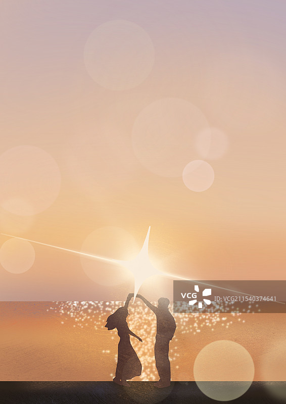 夕阳下的情侣剪影风景插画图片素材