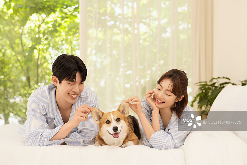 年轻情侣躺在床上与狗一起的肖像图片素材