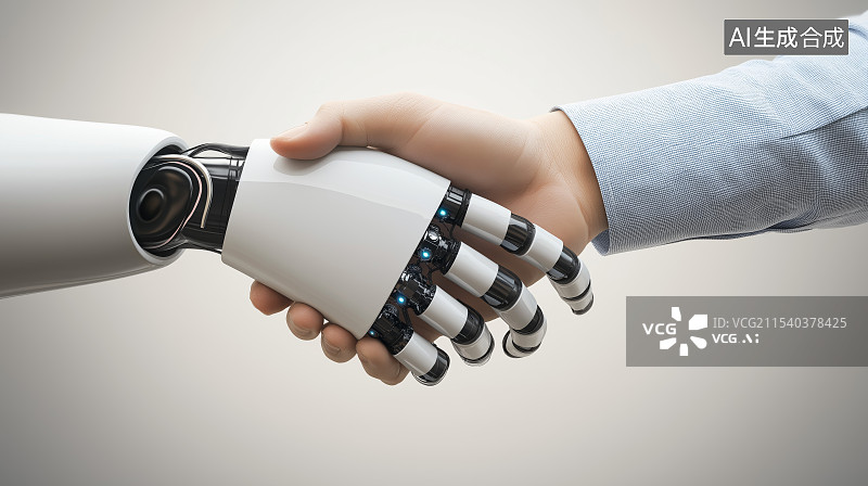 【AI数字艺术】一个人和机器人握手图片素材