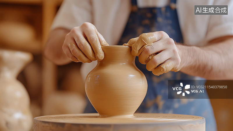 【AI数字艺术】正在手工制作陶器的工作现场图片素材