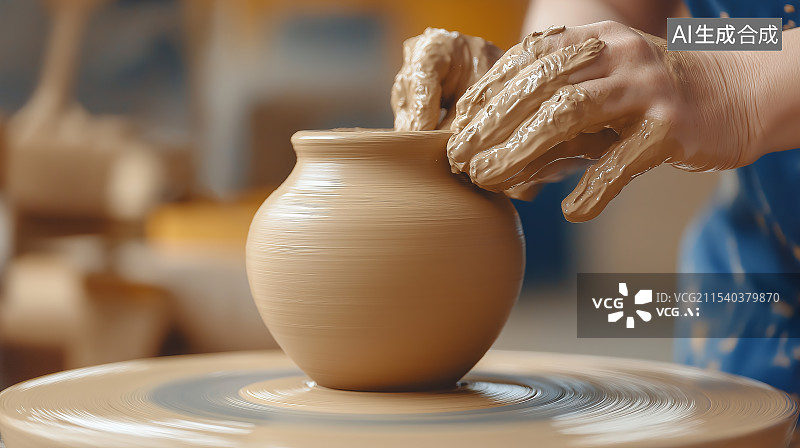 【AI数字艺术】正在手工制作陶器的工作现场图片素材