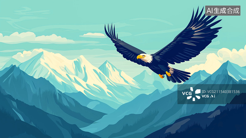 【AI数字艺术】一只飞翔在雪山顶峰的老鹰插画图片素材