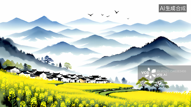 【AI数字艺术】春天乡村油菜花田风景插画图片素材