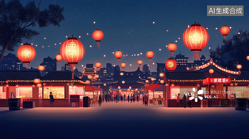 【AI数字艺术】夜晚的中国传统街市图片素材