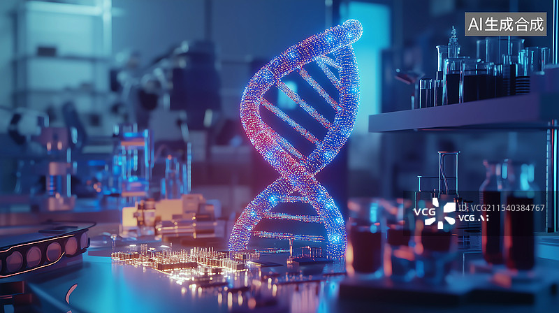 【AI数字艺术】生物实验室和双螺旋基因结构插画图片素材