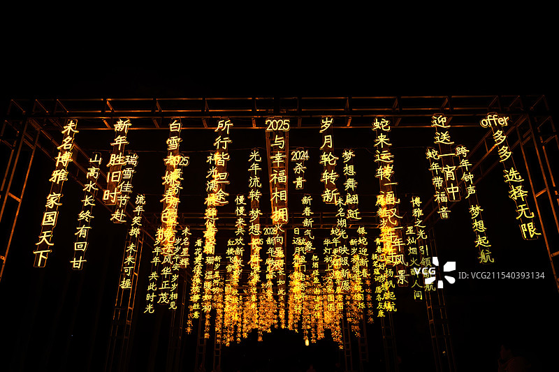 北京大学跨年夜：未名湖畔布置的诗歌、祝福语藤条（枝条）林彩灯图片素材