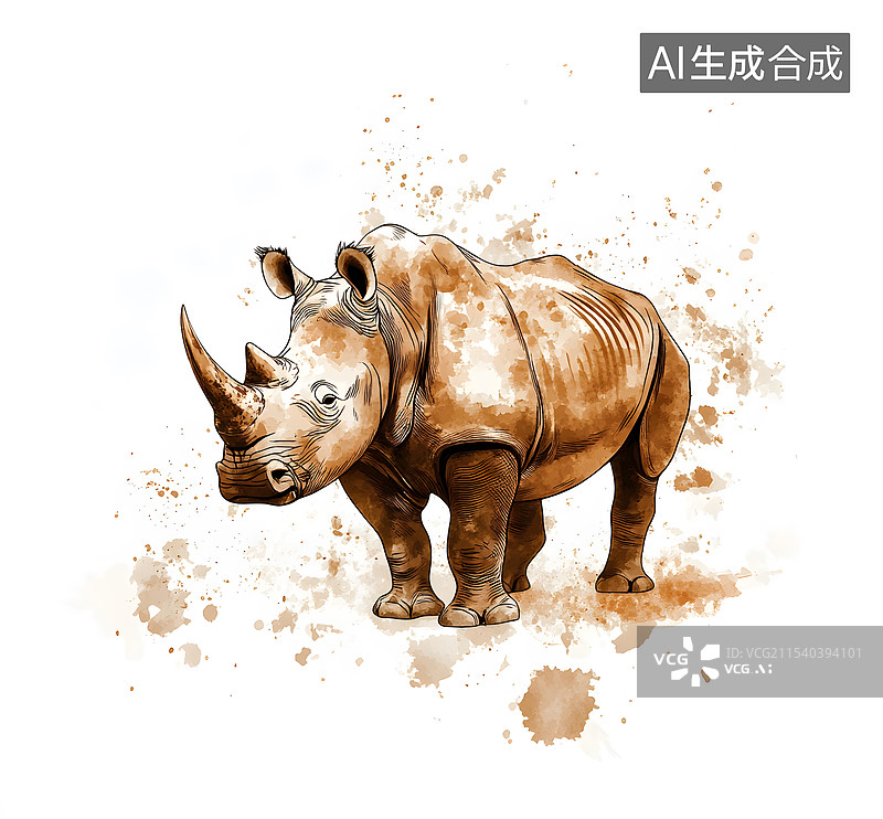 【AI数字艺术】水彩风格黑犀牛白犀牛全身插画动物保护珍稀濒危物种图片素材