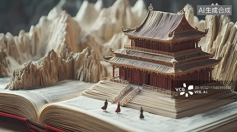 【AI数字艺术】书本上的古代建筑和山历史微缩场景图片素材