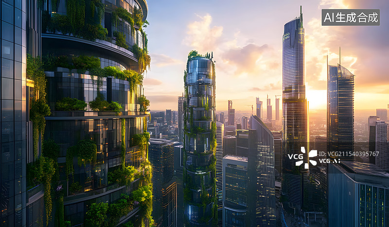 【AI数字艺术】航拍未来绿色低碳环保城市建筑立体绿化概念图图片素材