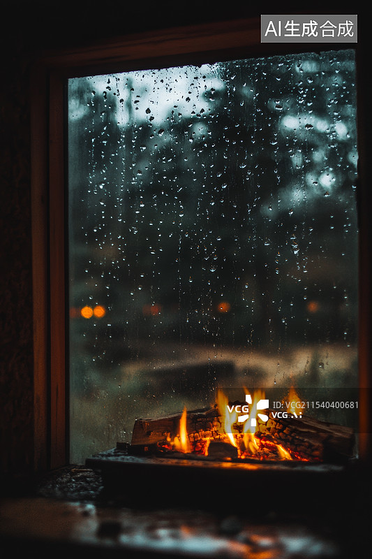 【AI数字艺术】雨夜舒适的壁炉图片素材