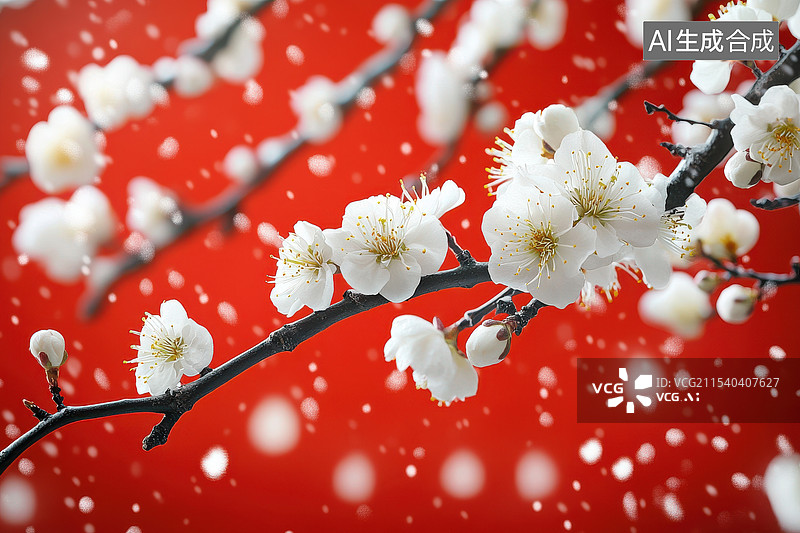 【AI数字艺术】红色背景的中式喜庆冬梅梅花背景图图片素材