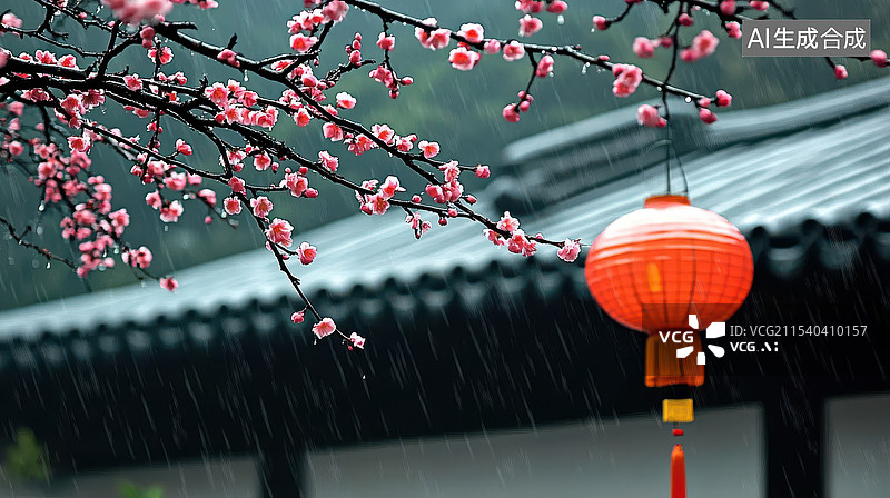【AI数字艺术】下雨天的中式屋檐和梅花灯笼的背景海报素材图片素材