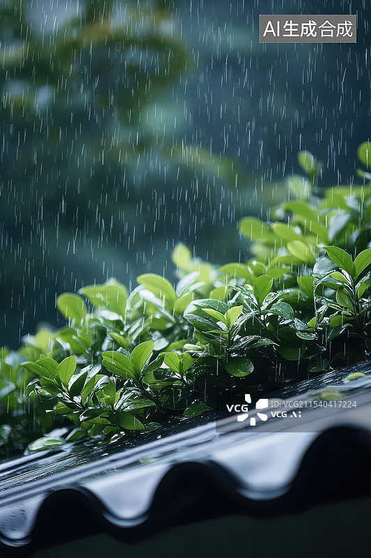 【AI数字艺术】下雨天的房檐和绿植背景海报素材图片素材